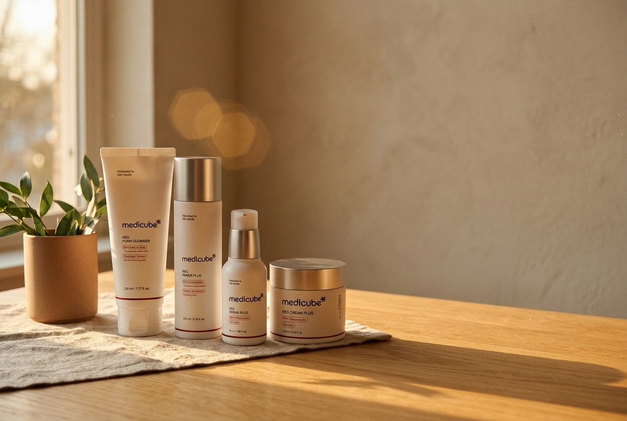 Medicube daily skincare shown in a clean routine layout.